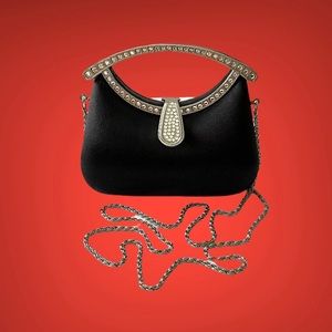 🇫🇷 FRANCE VINTAGE CRYSTALS HANDLE SATIN CLUTCH BAG LONG SILVER COLOUR CHAIN